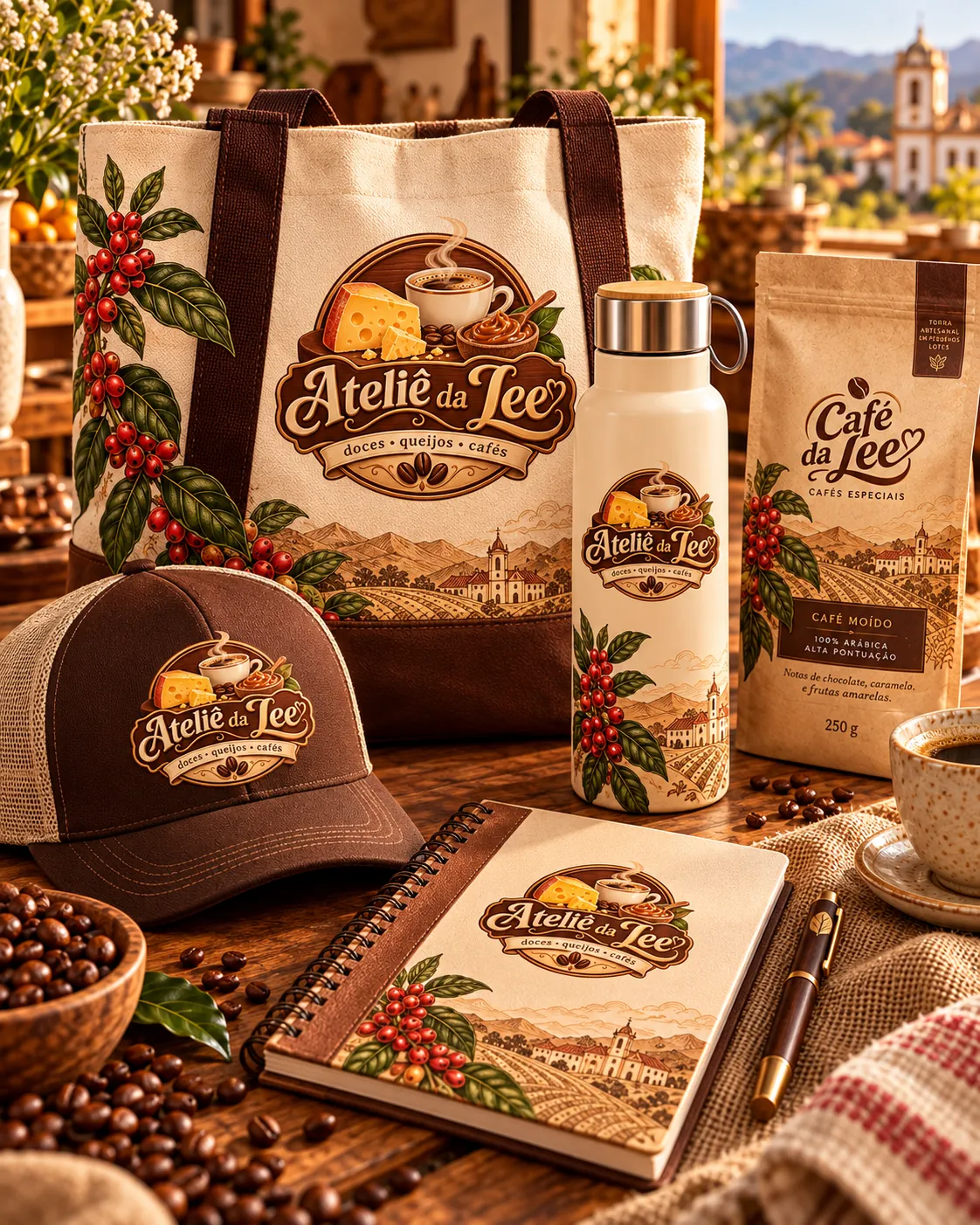 Brindes com a marca Ateliê da Lee: sacola, boné, garrafa, caderno e Café da Lee