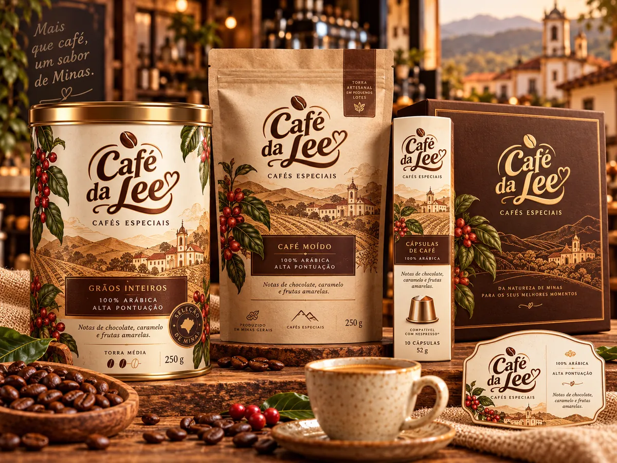 Embalagens do Café da Lee: lata de grãos inteiros, pacote de café moído, cápsulas e caixa presente