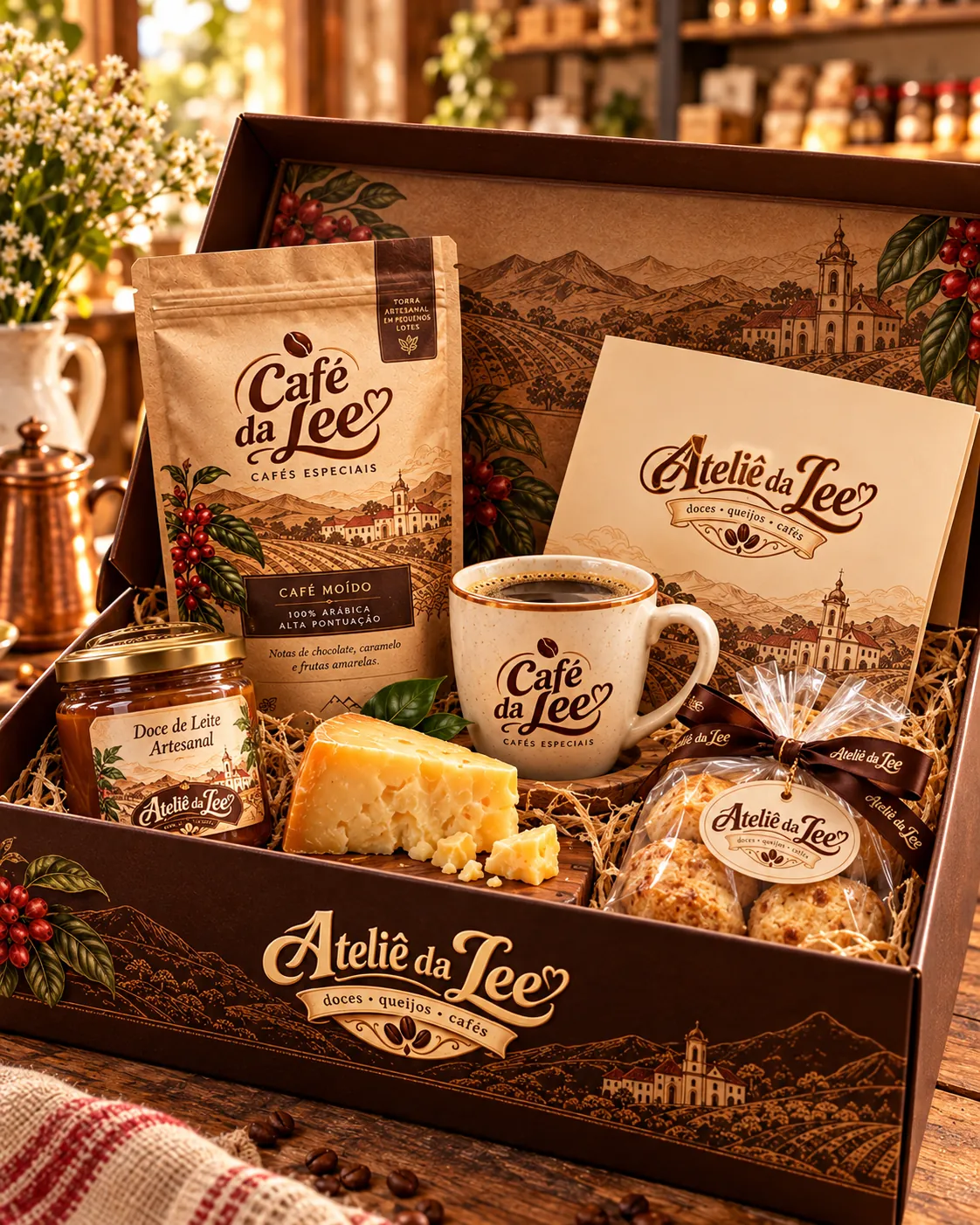 Caixa presente Ateliê da Lee com Café da Lee, caneca, queijo, doce de leite e pão de queijo