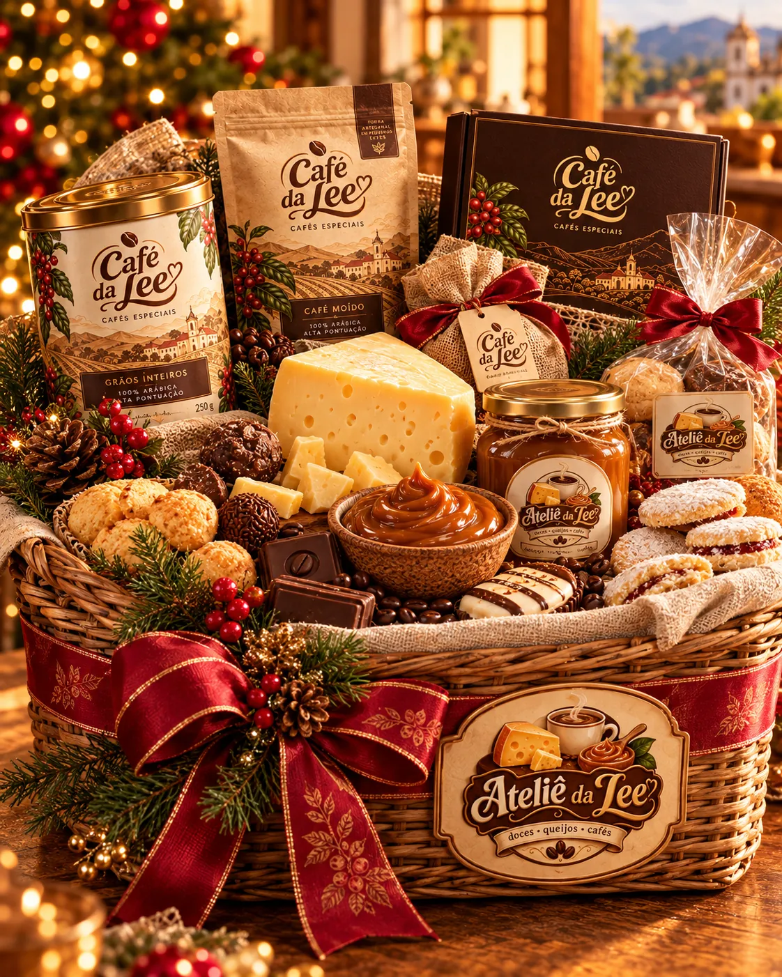 Cesta de Natal Ateliê da Lee com Café da Lee, queijo, doce de leite e biscoitos
