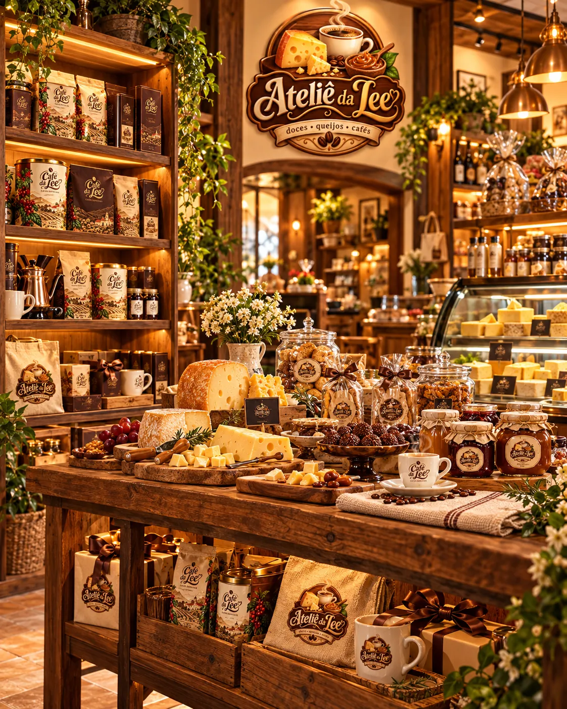 Interior do Ateliê da Lee: prateleiras de Café da Lee, balcão de queijos, doces de leite e presentes (ilustração)