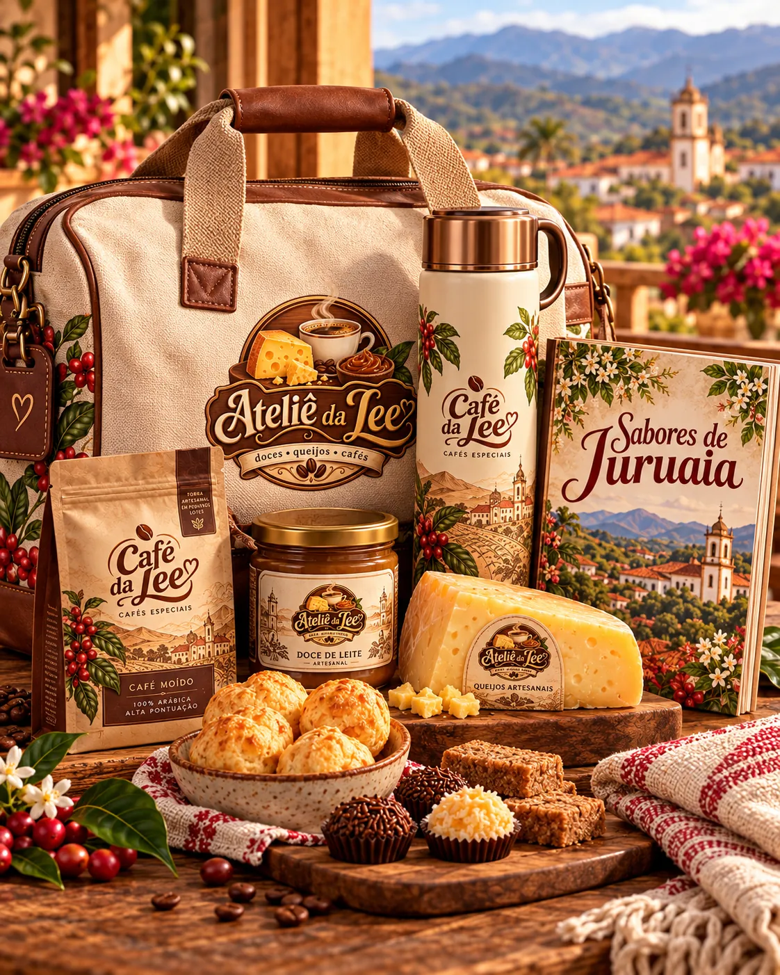 Kit de viagem Ateliê da Lee com bolsa, Café da Lee, doce de leite, queijo e livro Sabores de Juruaia