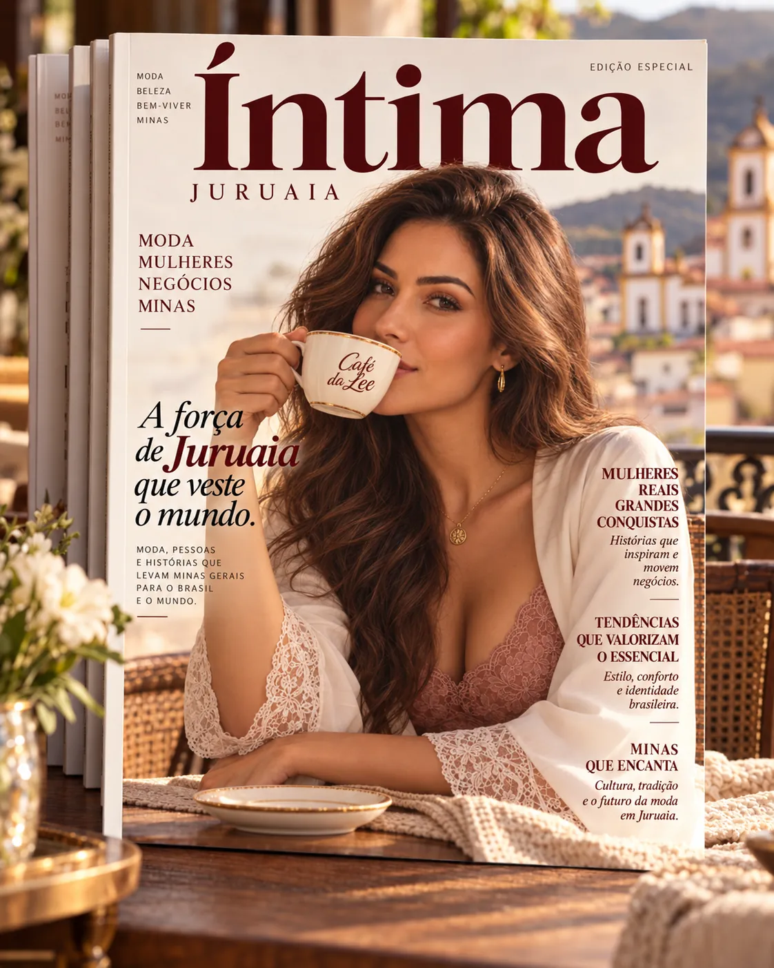Capa da Revista Íntima, do Grupo Eliana, com xícara do Café da Lee: A força de Juruaia que veste o mundo