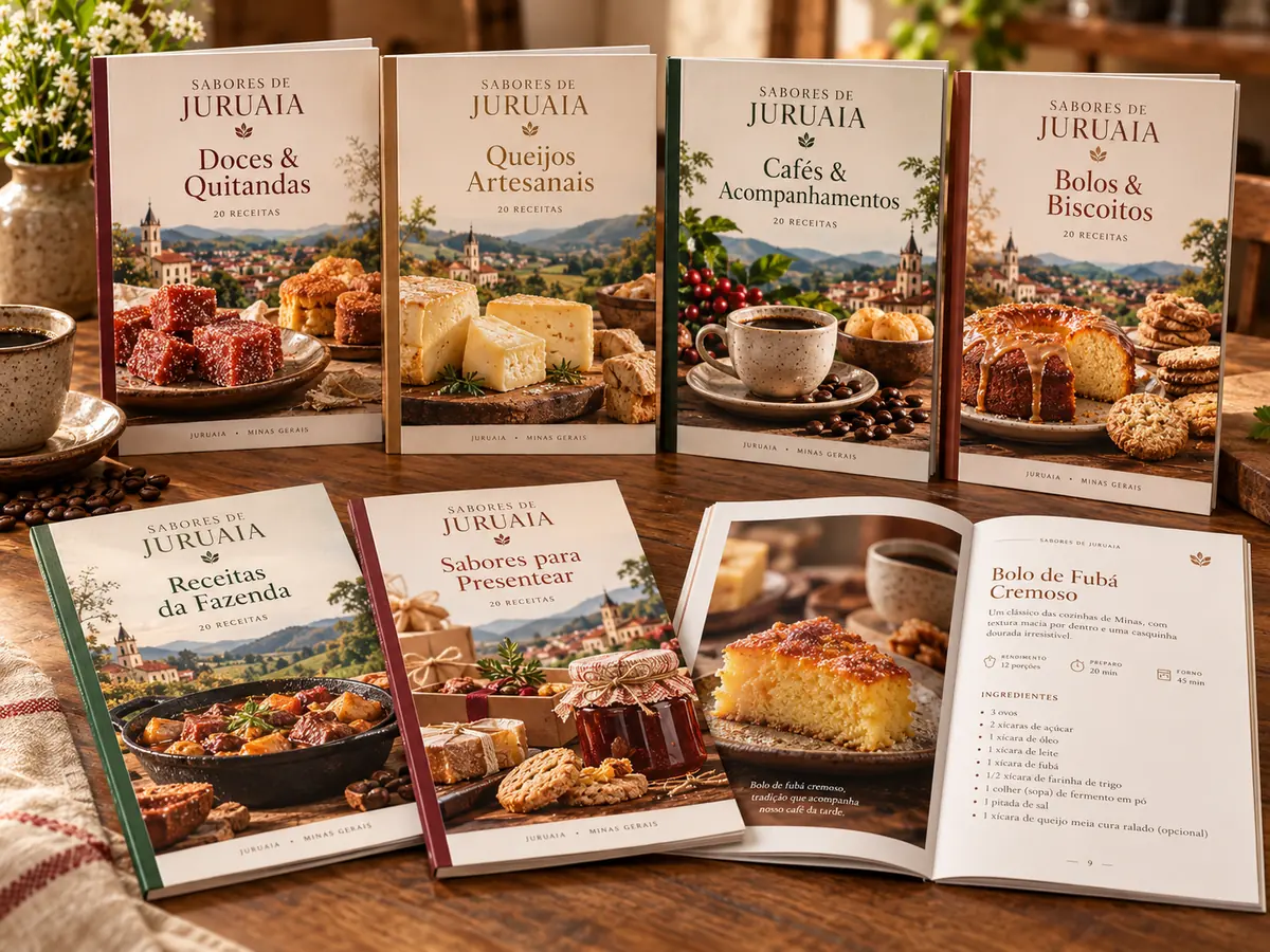 Livros da coleção Sabores de Juruaia abertos na receita de bolo de fubá cremoso