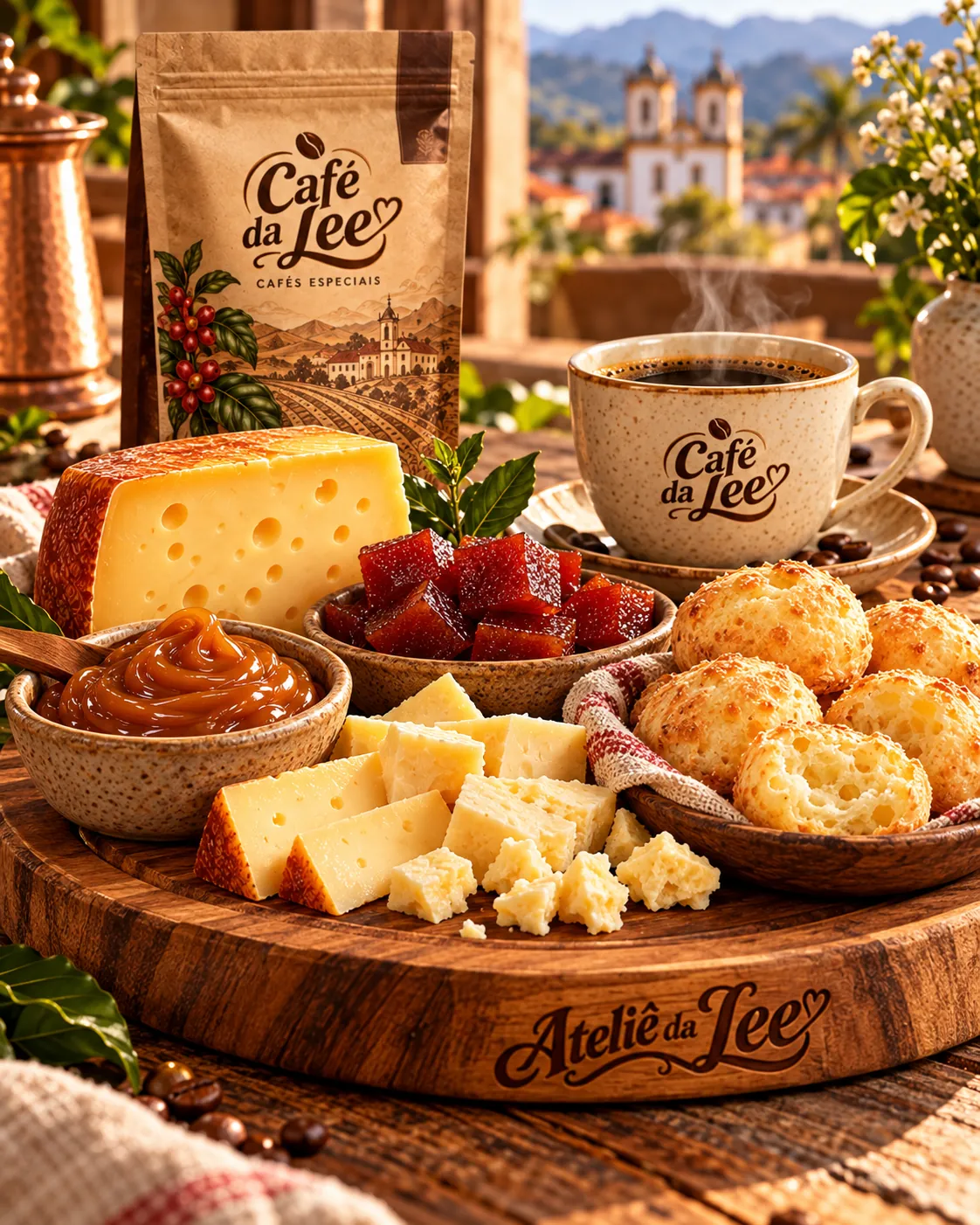 Café da Lee servido com queijo, goiabada, doce de leite e pão de queijo