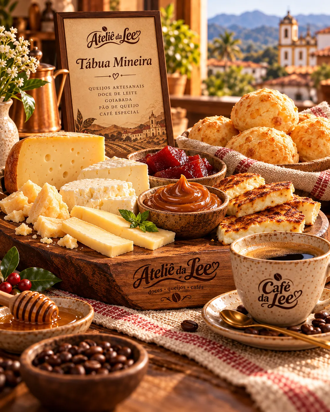 Tábua mineira do Ateliê da Lee com queijos, doce de leite, goiabada e pão de queijo